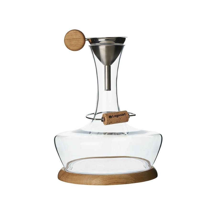 Legnoart CHÂTEAU DU GOÛT Set decanter completo di decanter in cristallo soffiato senza piombo, base in rovere, imbuto, asciuga decanter, anello presentatappo e cassa in legno