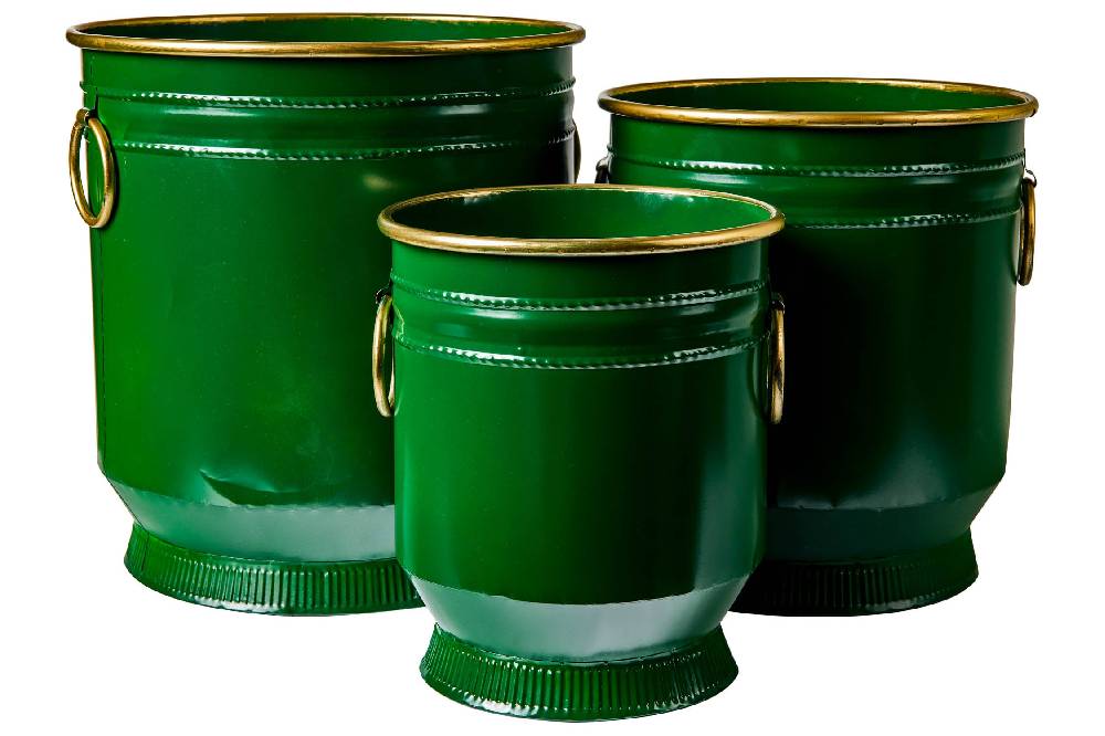 Novità Home Tres Chic - Set 3 Cache-Pot in Ferro Verde Anelli e Bordi Dorati In Saldo