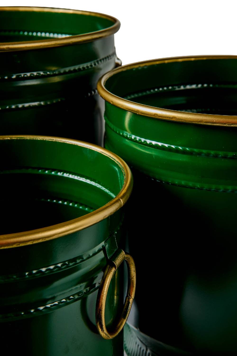 Novità Home Tres Chic - Set 3 Cache-Pot in Ferro Verde Anelli e Bordi Dorati In Saldo