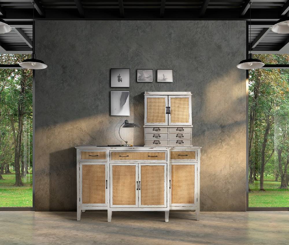 Novità Home Tonia - Credenza Bianco Antico - 3 Cassetti 4 Sportelli in Paglia Vienna In Linea