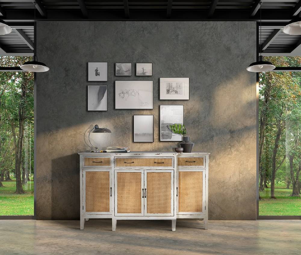 Novità Home Tonia - Credenza Bianco Antico - 3 Cassetti 4 Sportelli in Paglia Vienna In Linea
