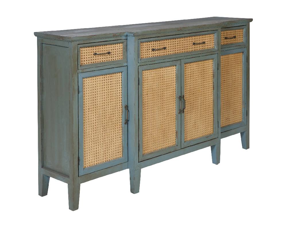 Novità Home Tonia - Credenza Verde Antico - 3 Cassetti 4 Sportelli in Paglia Vienna Promozione