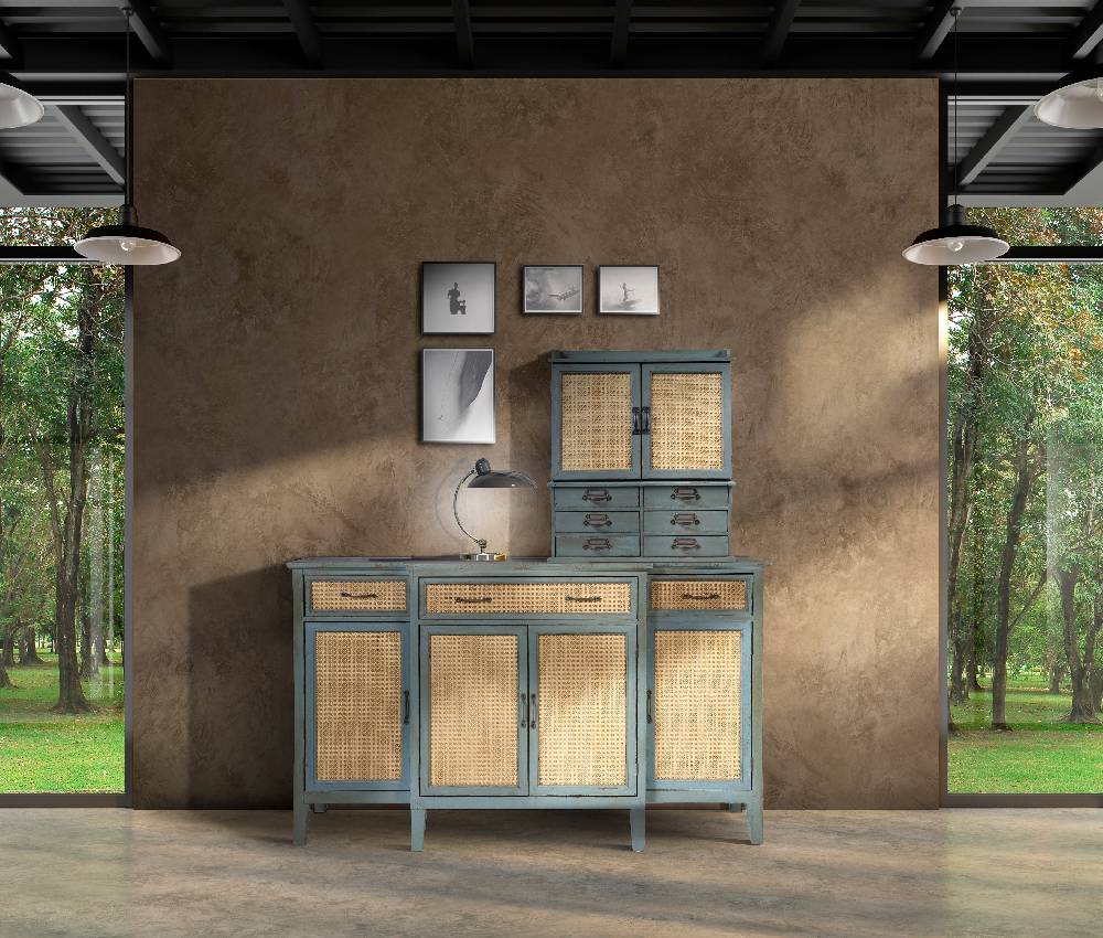 Novità Home Tonia - Credenza Verde Antico - 3 Cassetti 4 Sportelli in Paglia Vienna Promozione