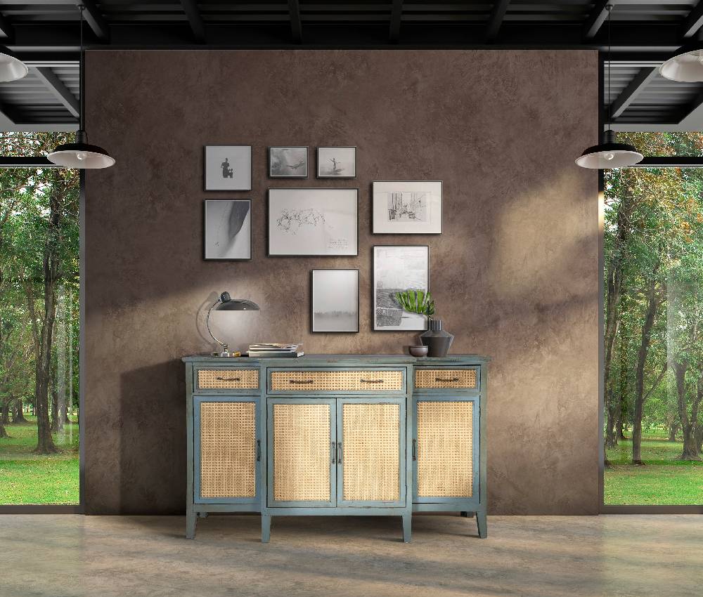 Novità Home Tonia - Credenza Verde Antico - 3 Cassetti 4 Sportelli in Paglia Vienna Promozione
