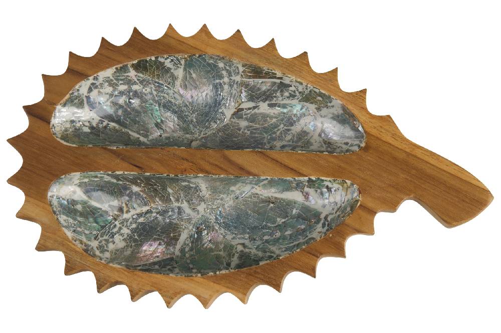 Novità Home Bartender - Ciotola Legno Sagoma Frutto Durian Con Abalone Esporta salva