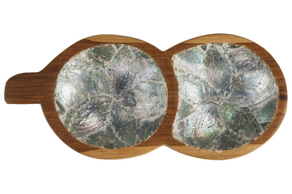 Novità Home Bartender - Ciotola Legno Doppia Forma Legume Con Abalone In vendita