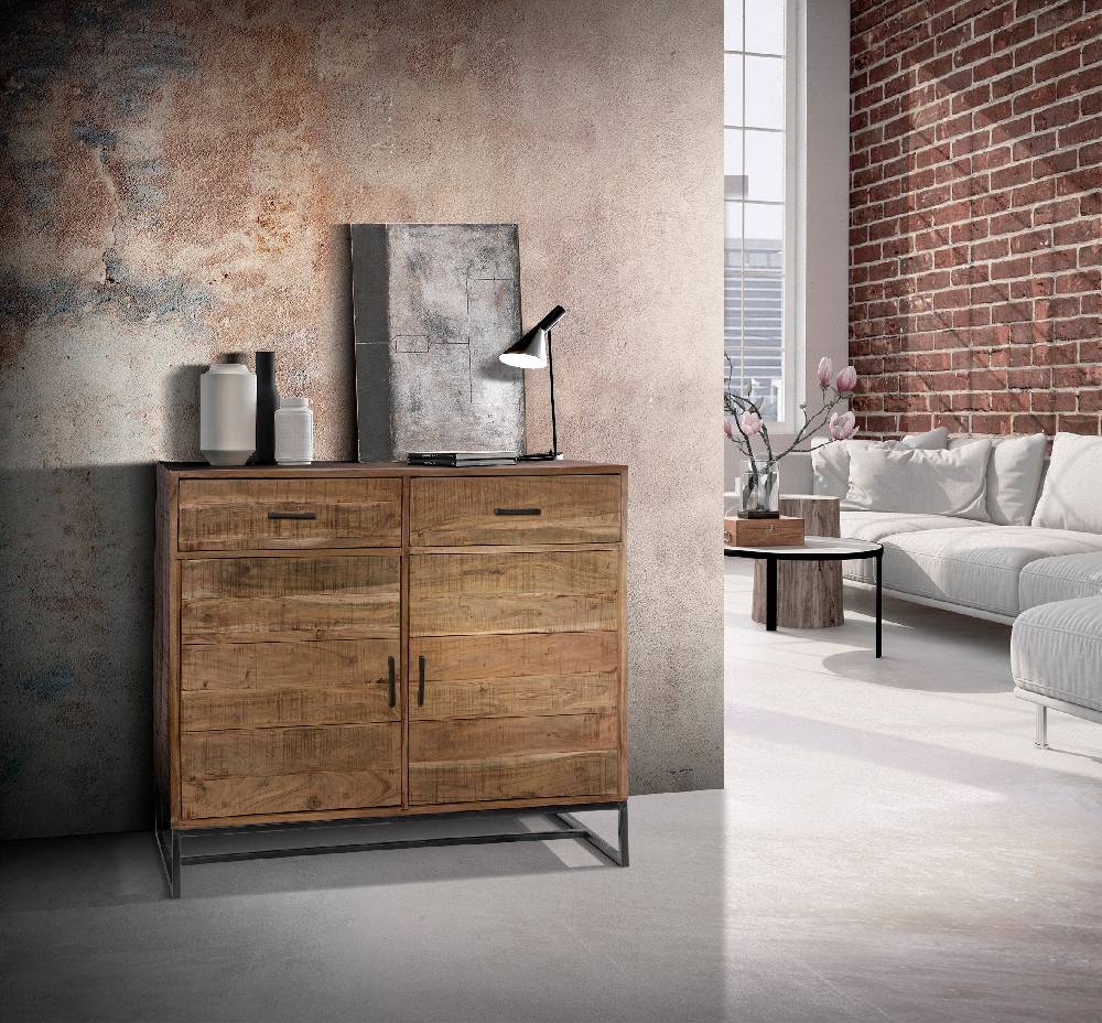 Novità Home Credenza alta 2 cassetti e sportelli in legno e metallo Ultimi tre giorni