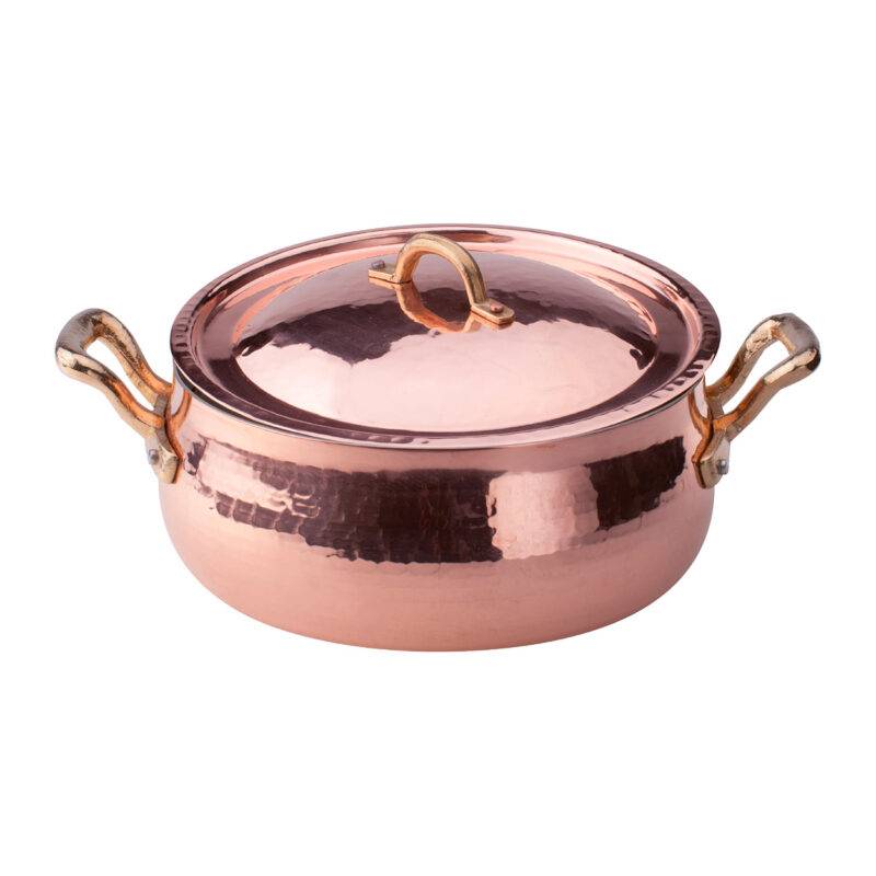 Pentole Agnelli Casseruola bassa bombata in rame martellato stagnato 2mm – 2 maniglie e 1 coperchio