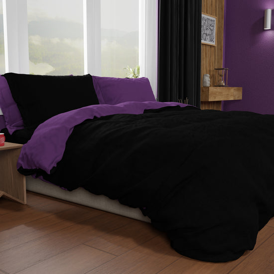 PETTI Copripiumino Matrimoniale, Sacco Copripiumino e Federe, Nero/Viola In Linea