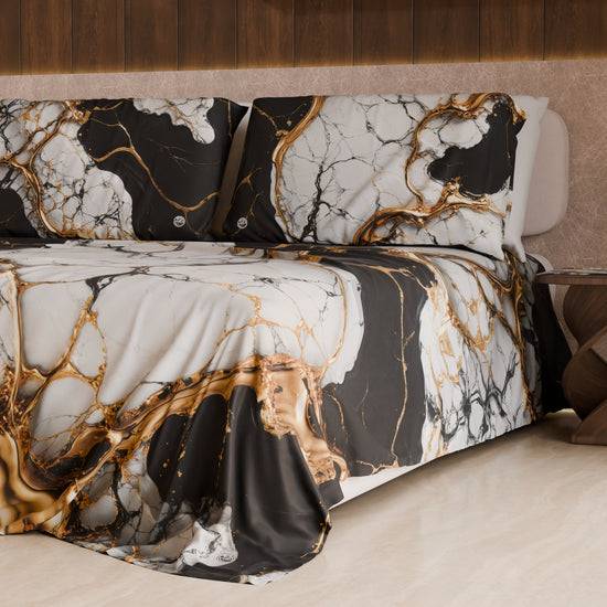 PETTI Lenzuolo Copriletto e Federe Eleganti Effetto Marmo Nero Bianco - GILDENITE Promozione Limitata