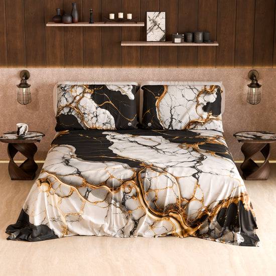 PETTI Lenzuolo Copriletto e Federe Eleganti Effetto Marmo Nero Bianco - GILDENITE Promozione Limitata