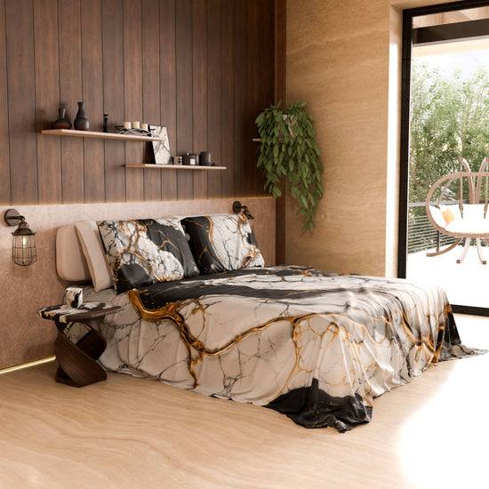 PETTI Lenzuolo Copriletto e Federe Eleganti Effetto Marmo Nero Bianco - GILDENITE Promozione Limitata
