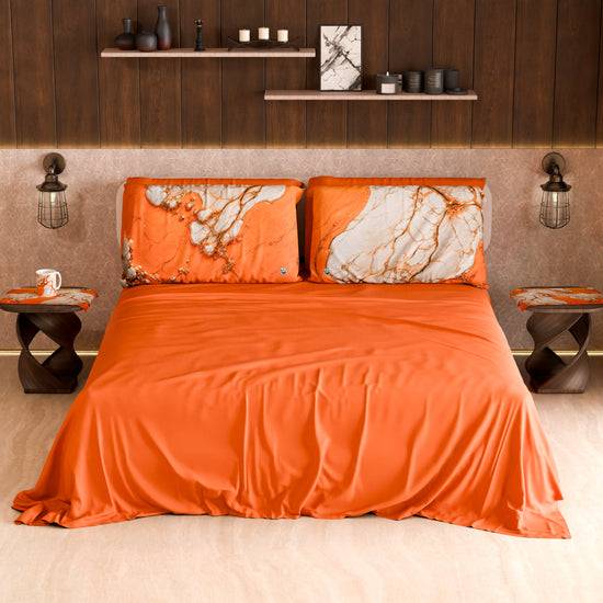 PETTI Lenzuolo Copriletto e Federe Eleganti Effetto Marmo Arancione - AURANGE Fino Al -60%