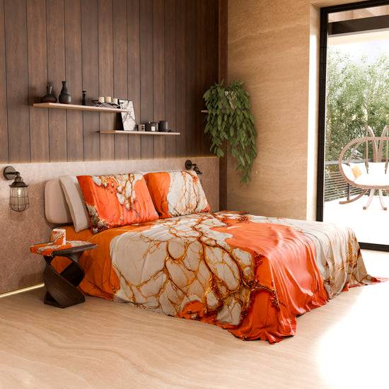 PETTI Lenzuolo Copriletto e Federe Eleganti Effetto Marmo Arancione - AURANGE Fino Al -60%