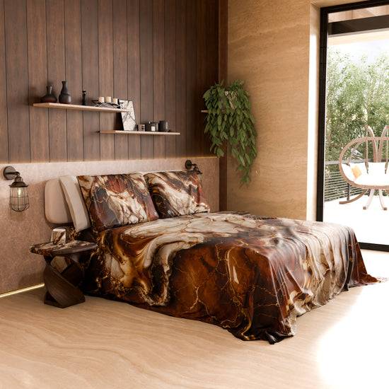 PETTI Lenzuolo Copriletto e Federe Eleganti Effetto Marmo Marrone - MOCHACCINO Sottocosto