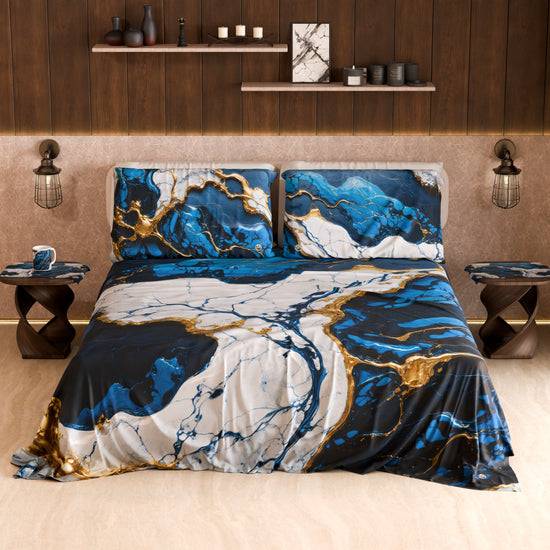 PETTI Lenzuolo Copriletto e Federe Eleganti Effetto Marmo Blu Notte - NAVYGLO Presa