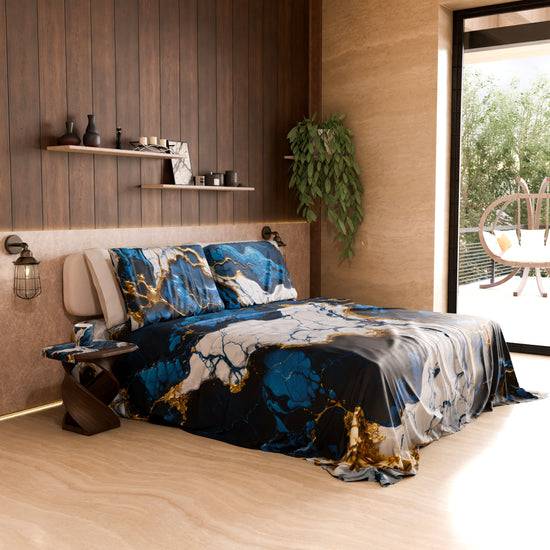 PETTI Lenzuolo Copriletto e Federe Eleganti Effetto Marmo Blu Notte - NAVYGLO Presa
