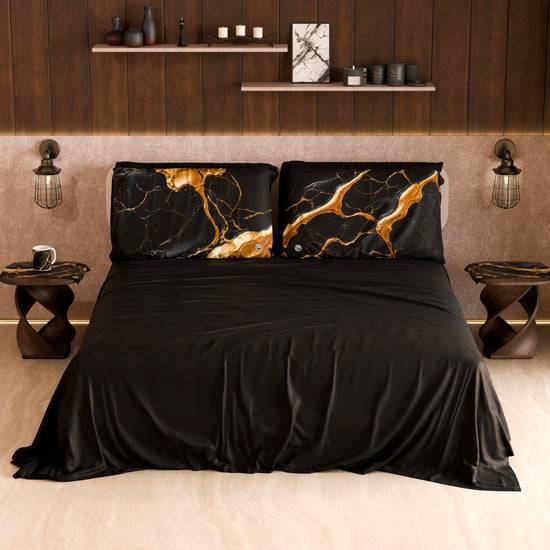 PETTI Lenzuolo Copriletto e Federe Eleganti Effetto Marmo Nero Oro - ONYXLITE Saldi