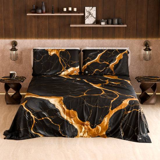 PETTI Lenzuolo Copriletto e Federe Eleganti Effetto Marmo Nero Oro - ONYXLITE Saldi