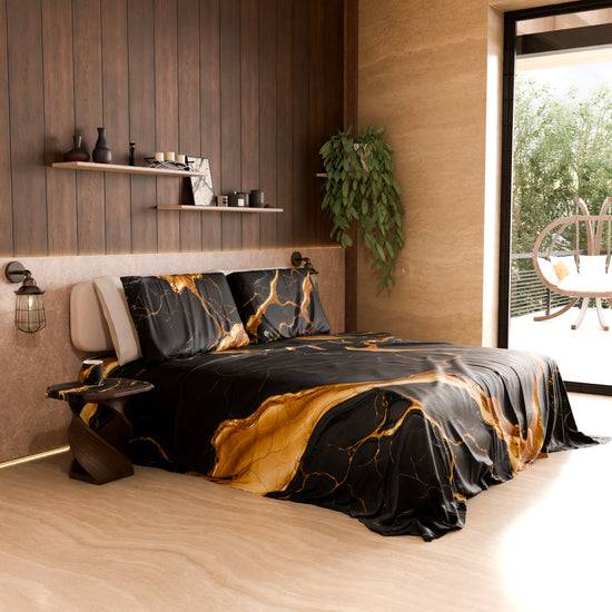 PETTI Lenzuolo Copriletto e Federe Eleganti Effetto Marmo Nero Oro - ONYXLITE Saldi