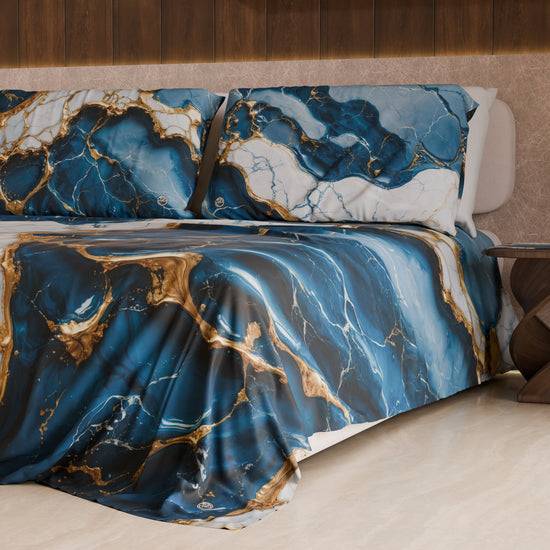 PETTI Lenzuolo Copriletto e Federe Eleganti Effetto Marmo Blu Oceano - OCEAGLINT Offerte