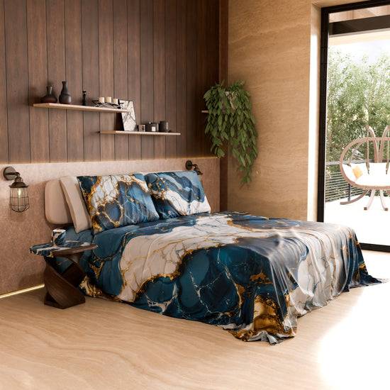 PETTI Lenzuolo Copriletto e Federe Eleganti Effetto Marmo Blu Oceano - OCEAGLINT Offerte