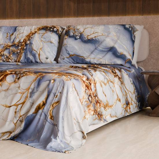 PETTI Lenzuolo Copriletto e Federe Eleganti Effetto Marmo Indaco - PERIWINKY Vendita Calda