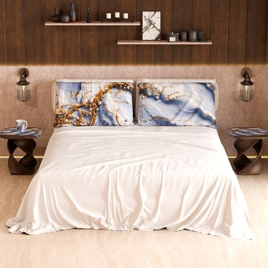 PETTI Lenzuolo Copriletto e Federe Eleganti Effetto Marmo Indaco - PERIWINKY Vendita Calda