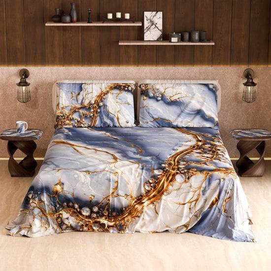 PETTI Lenzuolo Copriletto e Federe Eleganti Effetto Marmo Indaco - PERIWINKY Vendita Calda