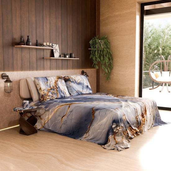 PETTI Lenzuolo Copriletto e Federe Eleganti Effetto Marmo Indaco - PERIWINKY Vendita Calda