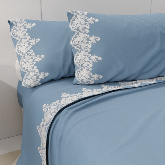 PETTI Lenzuola Percalle con Pizzo, Lenzuola Matrimoniali Cotone Azzurro Prezzo Ridotto