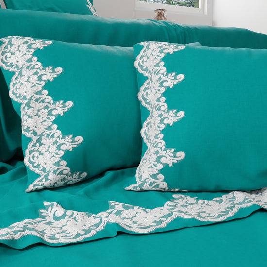 PETTI Lenzuola Percalle con Pizzo, Lenzuola Matrimoniali Cotone Ottanio