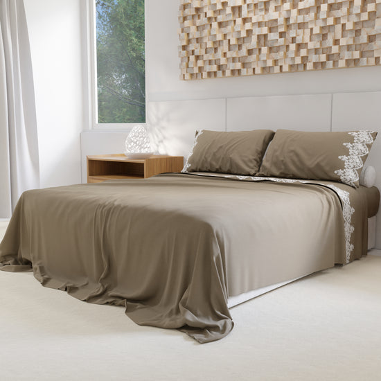 PETTI Lenzuola Percalle con Pizzo, Lenzuola Matrimoniali Cotone Tortora Convenienza