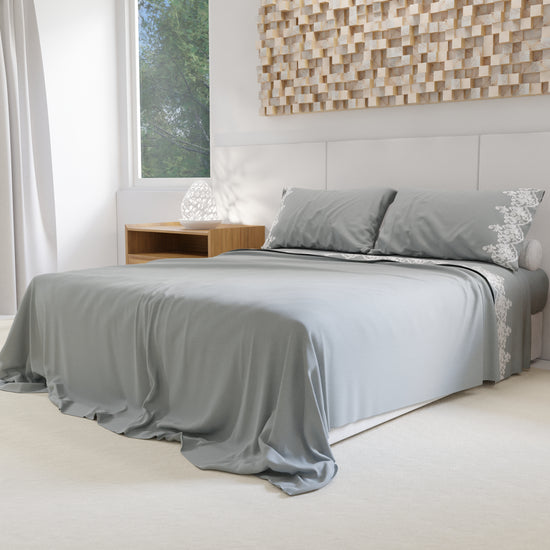 PETTI Lenzuola Percalle con Pizzo, Lenzuola Matrimoniali Cotone Grigio Presa