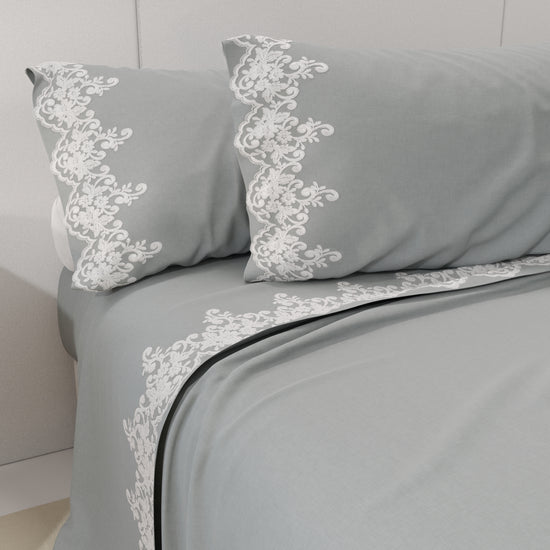PETTI Lenzuola Percalle con Pizzo, Lenzuola Matrimoniali Cotone Grigio Presa