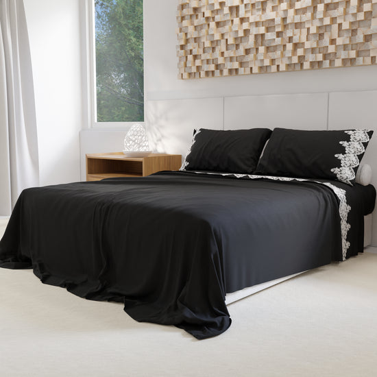 PETTI Lenzuola Percalle con Pizzo, Lenzuola Matrimoniali Cotone Nero Sconto
