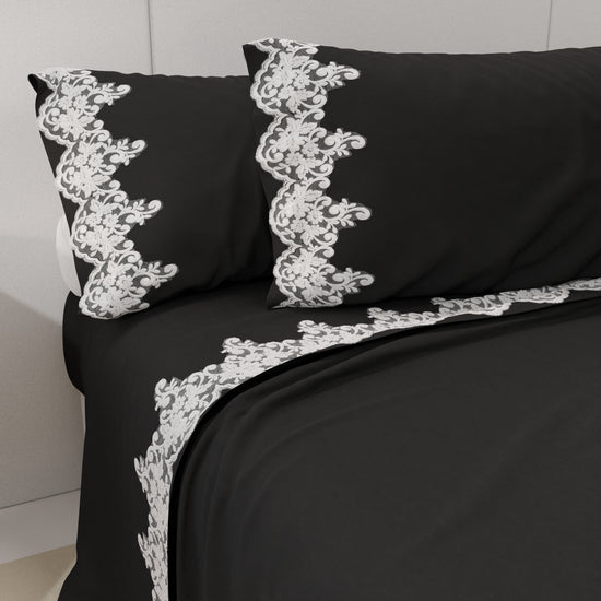 PETTI Lenzuola Percalle con Pizzo, Lenzuola Matrimoniali Cotone Nero Sconto