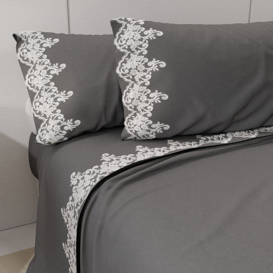 PETTI Lenzuola Percalle con Pizzo, Lenzuola Matrimoniali Cotone Grigio Fumo Economico