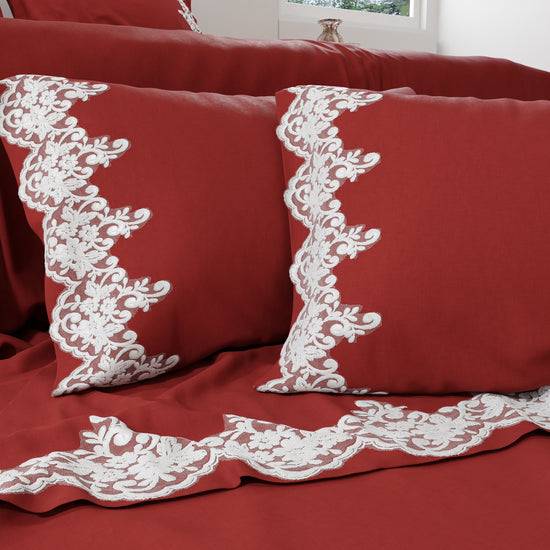 PETTI Lenzuola Percalle con Pizzo, Lenzuola Matrimoniali Cotone Bordeaux