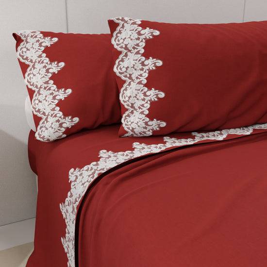 PETTI Lenzuola Percalle con Pizzo, Lenzuola Matrimoniali Cotone Bordeaux Online