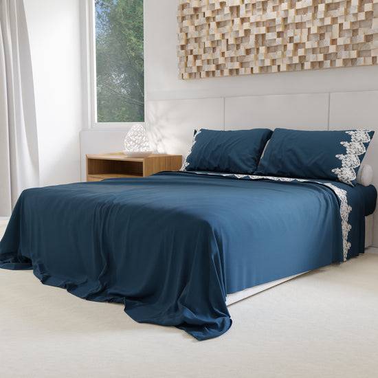 PETTI Lenzuola Percalle con Pizzo, Lenzuola Matrimoniali Cotone Blu Marino Outlet