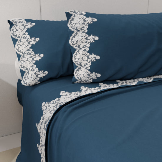 PETTI Lenzuola Percalle con Pizzo, Lenzuola Matrimoniali Cotone Blu Marino Outlet