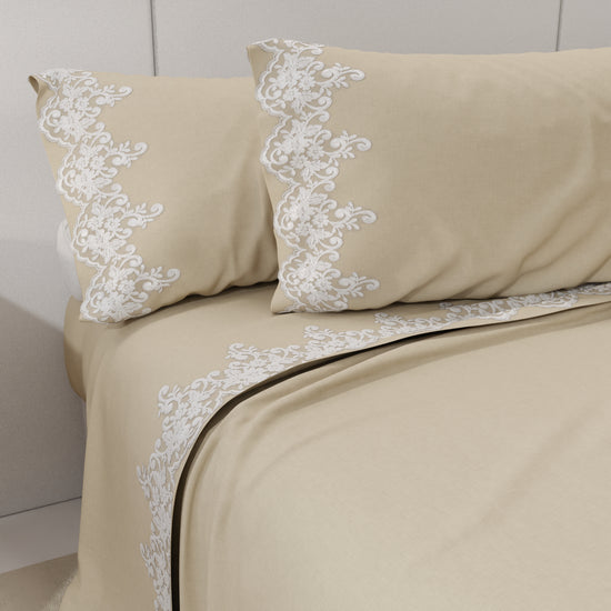 PETTI Lenzuola Percalle con Pizzo, Lenzuola Matrimoniali Cotone Beige Saldi