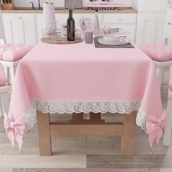 PETTI Tovaglia da Tavola Shabby Chic Copritavolo con Pizzo e Fiocchi Rosa Liquidazione