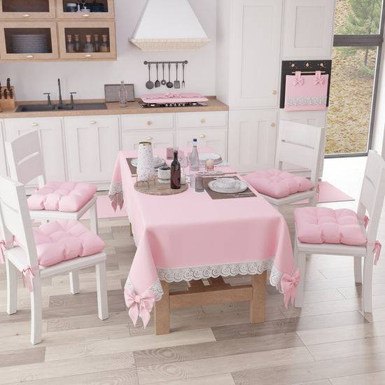 PETTI Tovaglia da Tavola Shabby Chic Copritavolo con Pizzo e Fiocchi Rosa Liquidazione