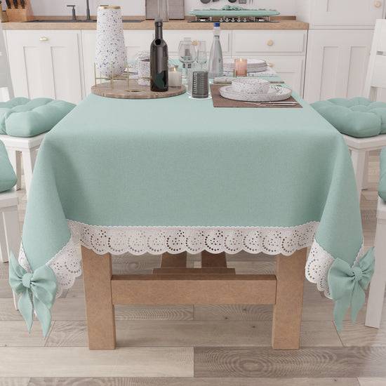 PETTI Tovaglia da Tavola Shabby Chic Copritavolo con Pizzo e Fiocchi Verde Acqua Offerte giornaliere