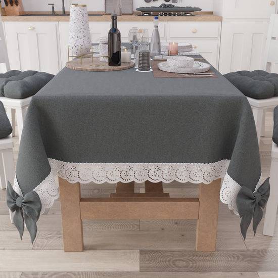 PETTI Tovaglia da Tavola Shabby Chic Copritavolo con Pizzo e Fiocchi Grigio Scuro Ritorno libero