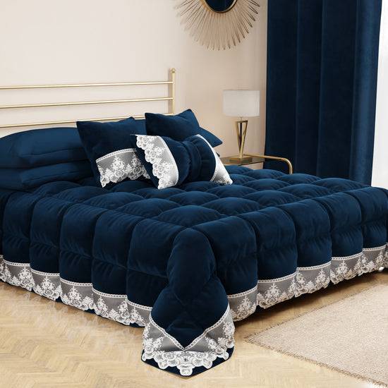 PETTI Cuscini Arredo in Velluto e Balza con Pizzo Rebrodè 2pz, Cuscini divano Blu By Sissy Novità