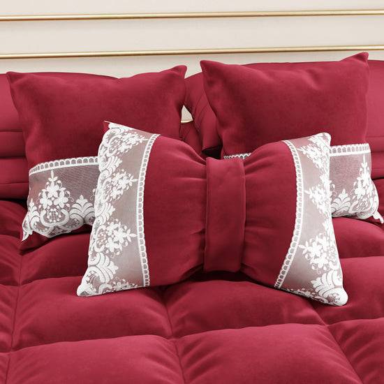 PETTI Cuscino Arredo Fiocco in Velluto e Balza con Pizzo Rebrodè 40x50 cm, Cuscino divano Bordeaux By Sissy Outlet
