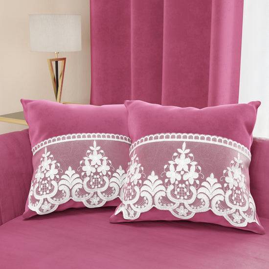 PETTI Cuscini Arredo in Velluto e Balza con Pizzo Rebrodè 2pz, Cuscini divano Fucsia By Sissy Negozio